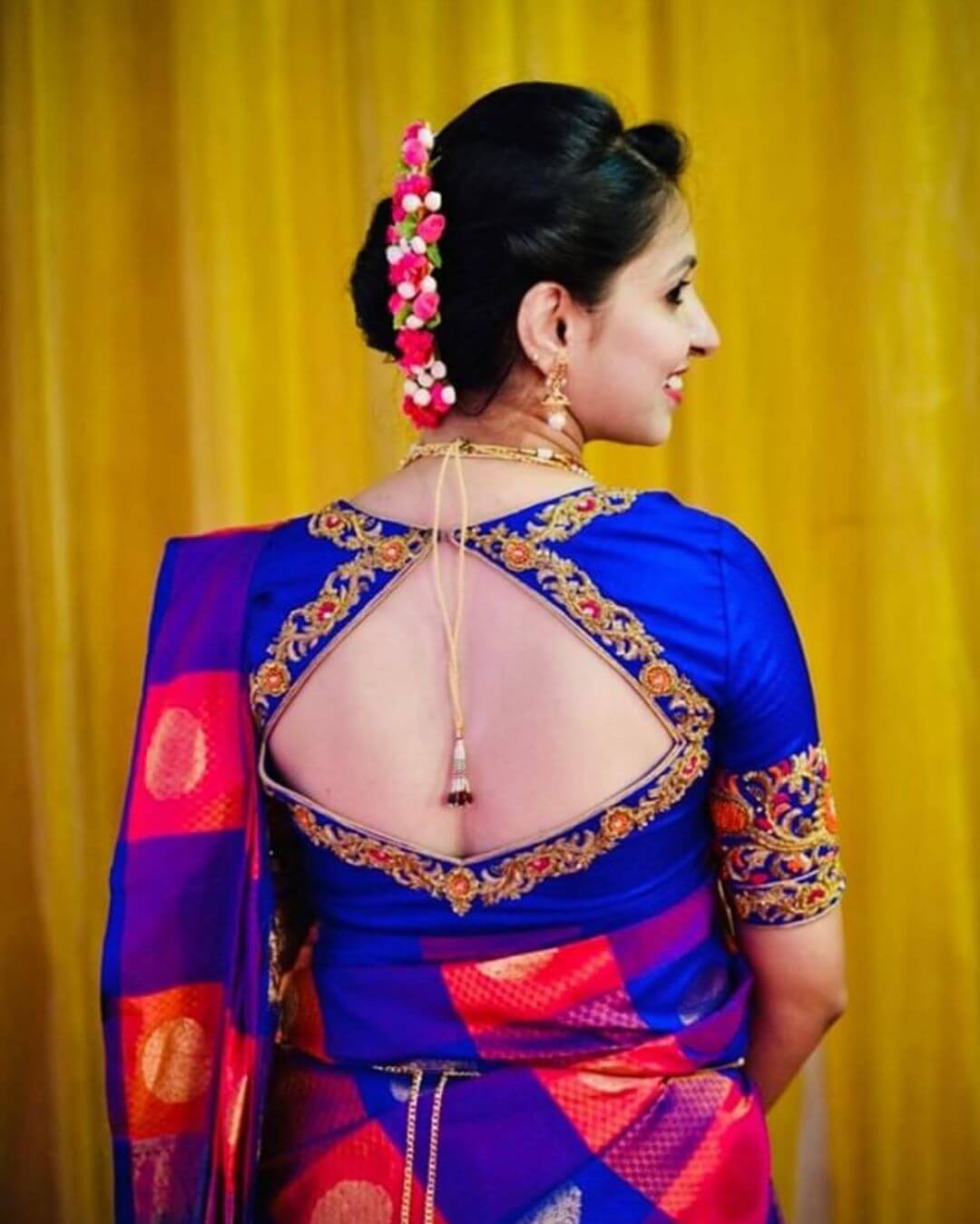 Wide Diamond Cut Blouse Silk Saree Blouse Back Neck Designs for South Indian Bride