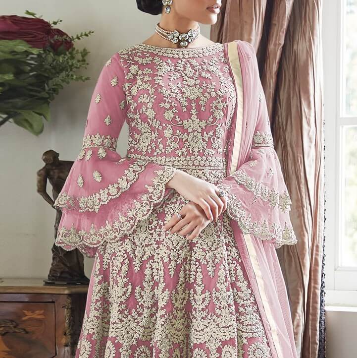 Tempting Nude Pink Wedding Heavy Anarkali Suit Neckline with Flared Sleeves