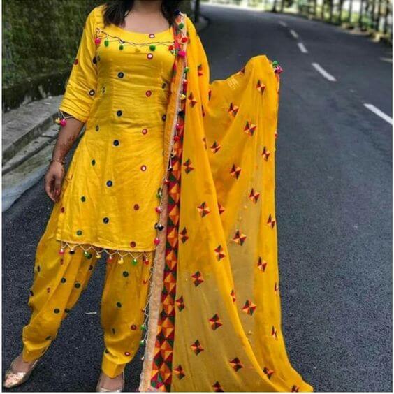 Yellow patiala kurti salwar with mirror and phulkari work for girls and ladies indian party dress.