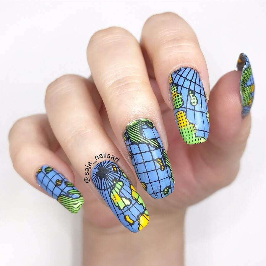 Lines and Countries Nail Art Designs For Earth Day