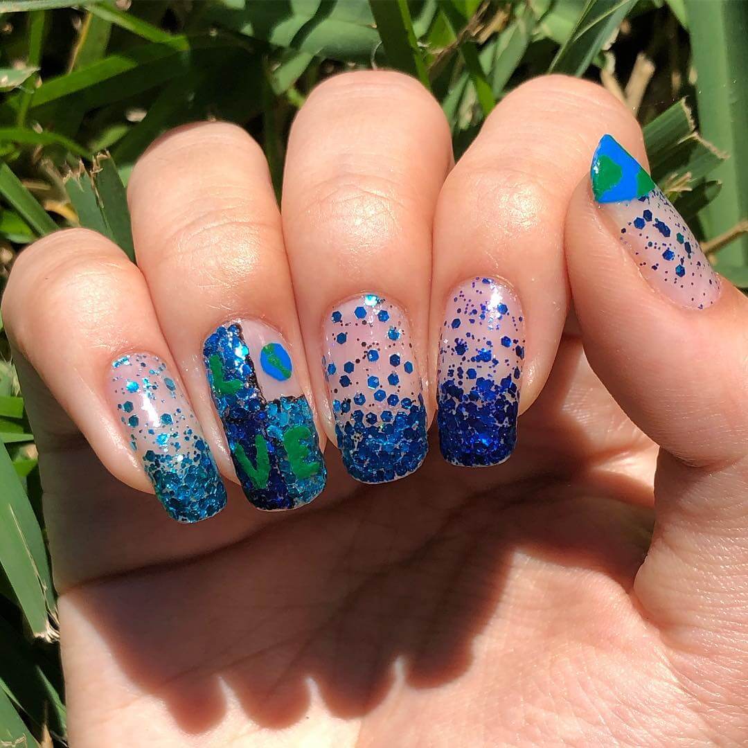  Blue Glitter Nail Art For Earth Day