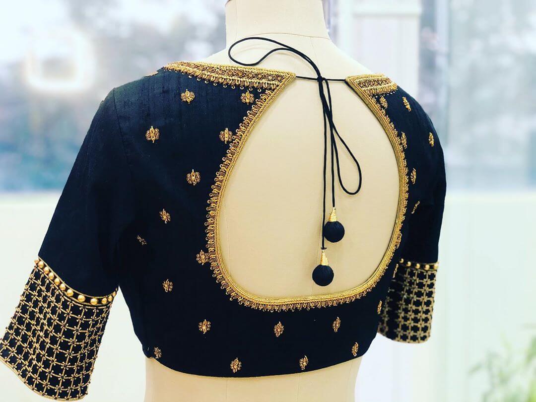 Prepossessing Black Blouse With Golden Embroidery For South Indian Brides