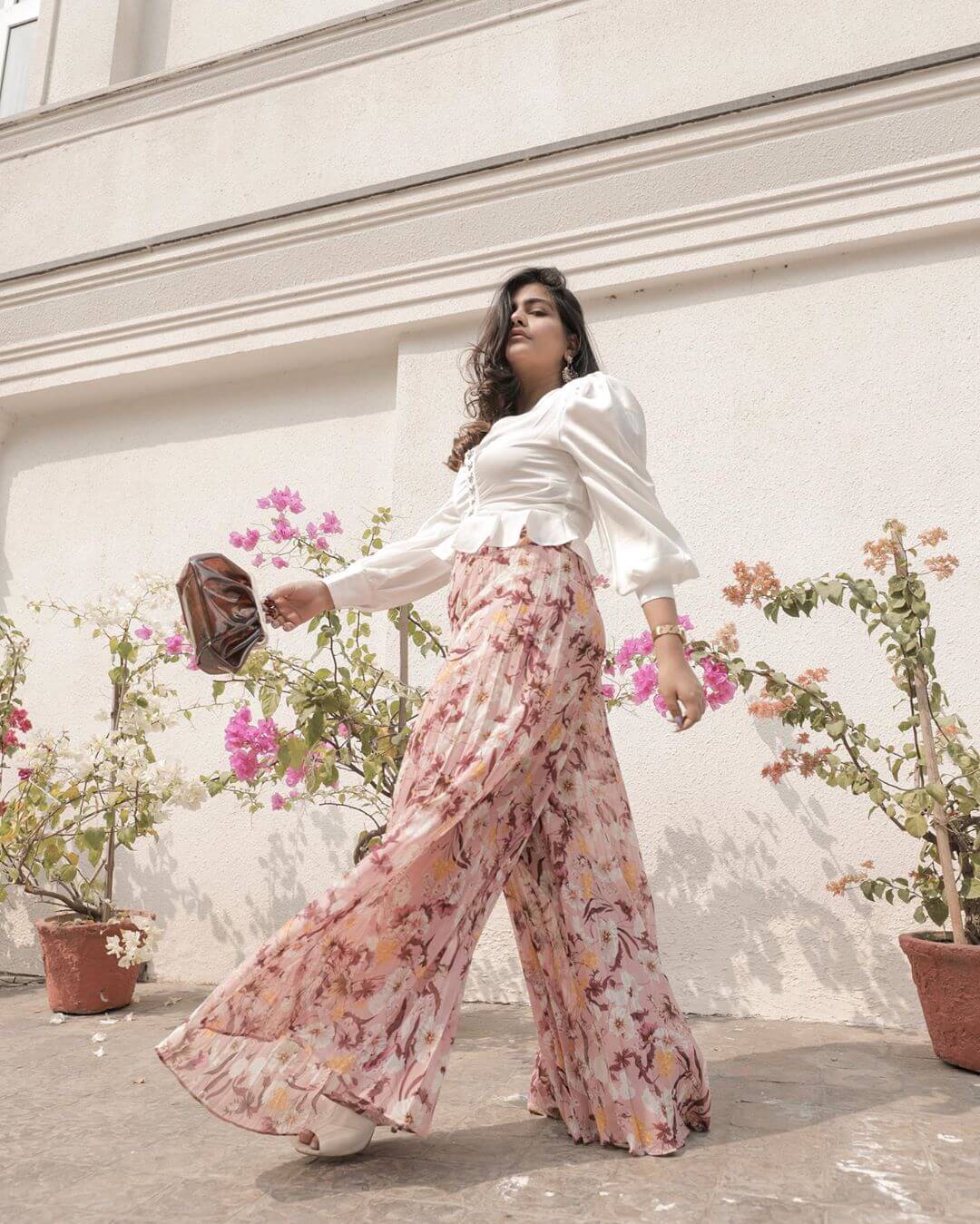 Pleated Floral Flared Pants For Summers
