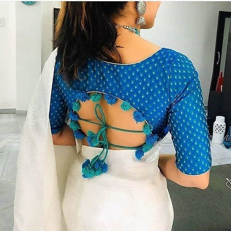 Pom- Poms Ornamented Saree Blouse Back Neck Design