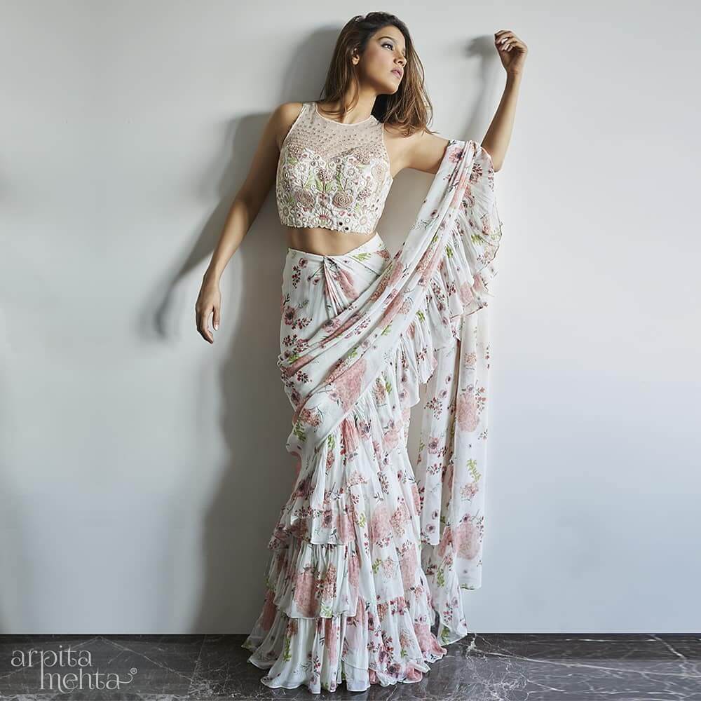 White Floral Saree With Sheer Neck