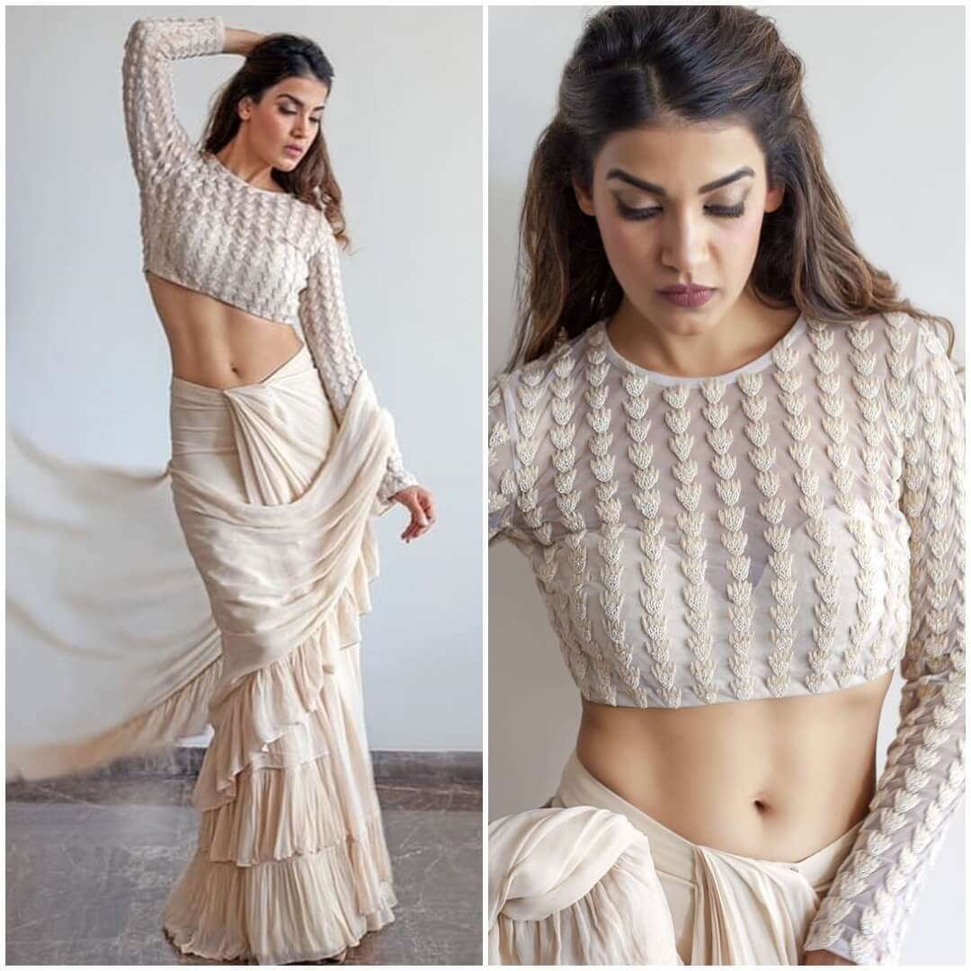 Ivory Ruffle Saree With Linear Thread Embroidered Blouse