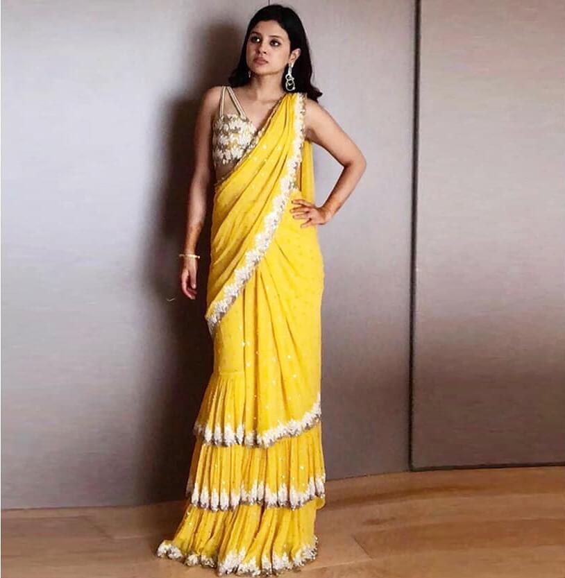 Sakshi Dhoni In Sunshine Yellow Ruffle Saree