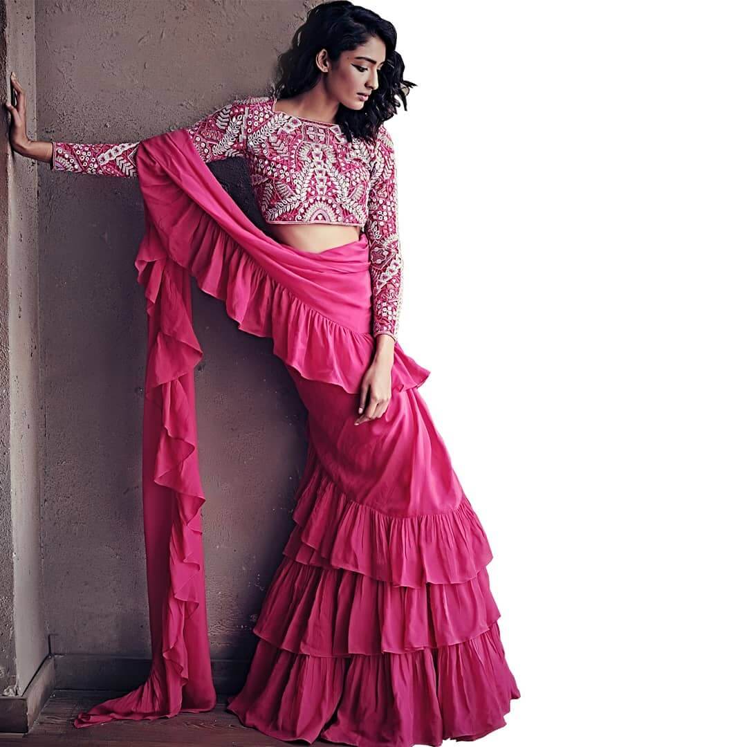 Rani Pink Ruffle Saree With Bracelet Sleeve Blouse