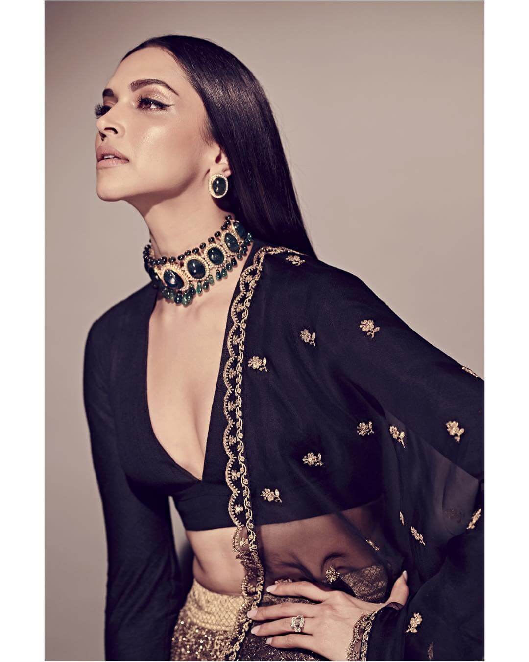 Deepika Padukone’s choker studded with black gems and earrings