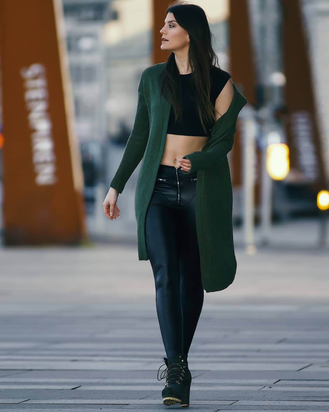Green Long Shrug with Leather Pants