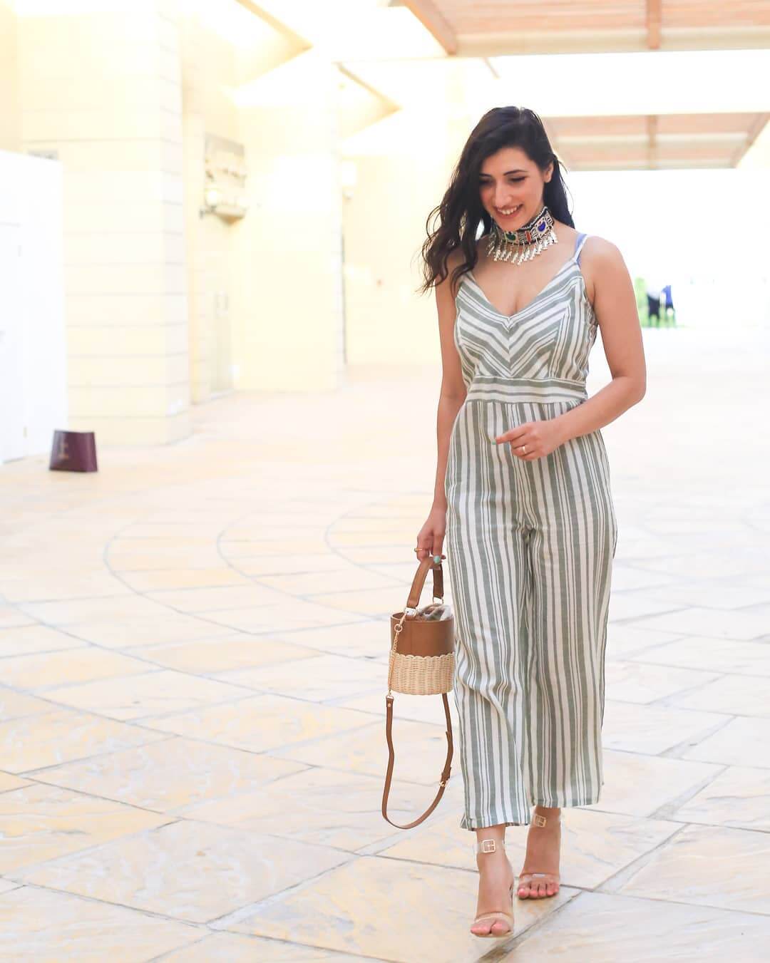 Striped Jumpsuit With A Metallic Choker Necklace Street Style Inspired By Avantika Mohan