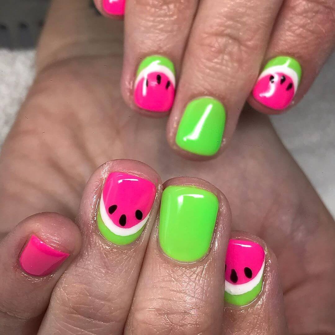 Pink Green Coloured Watermelon Nail Art Design