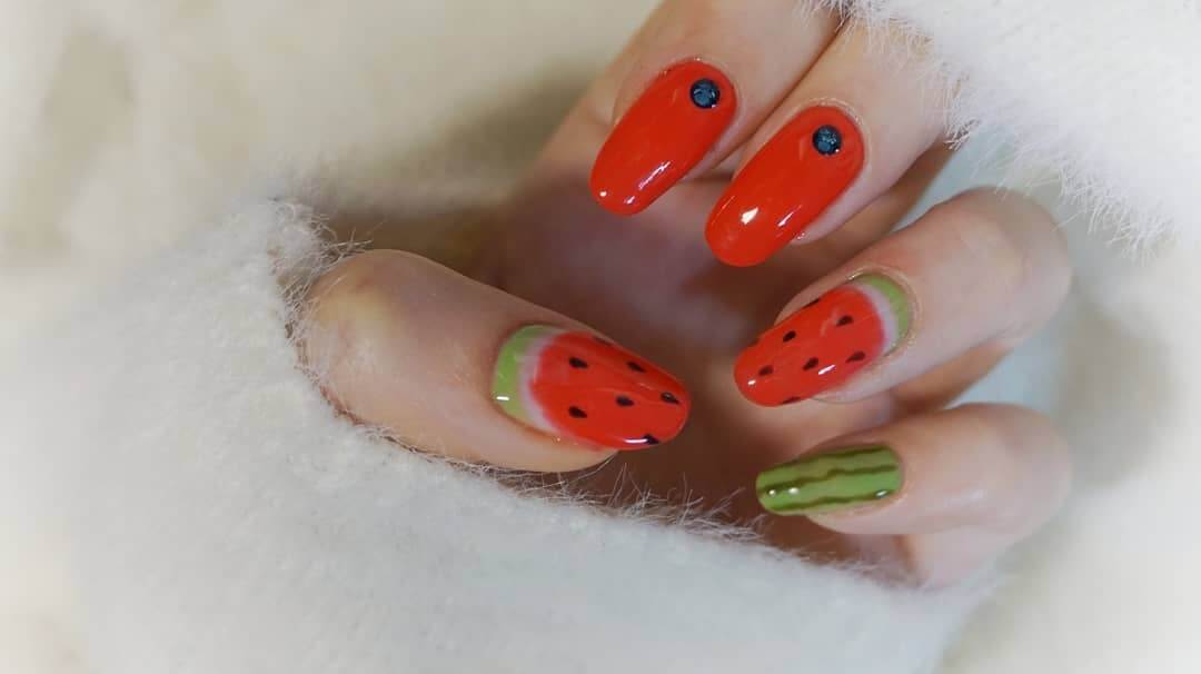Seeded Red Green Watermelon Nail Art Design