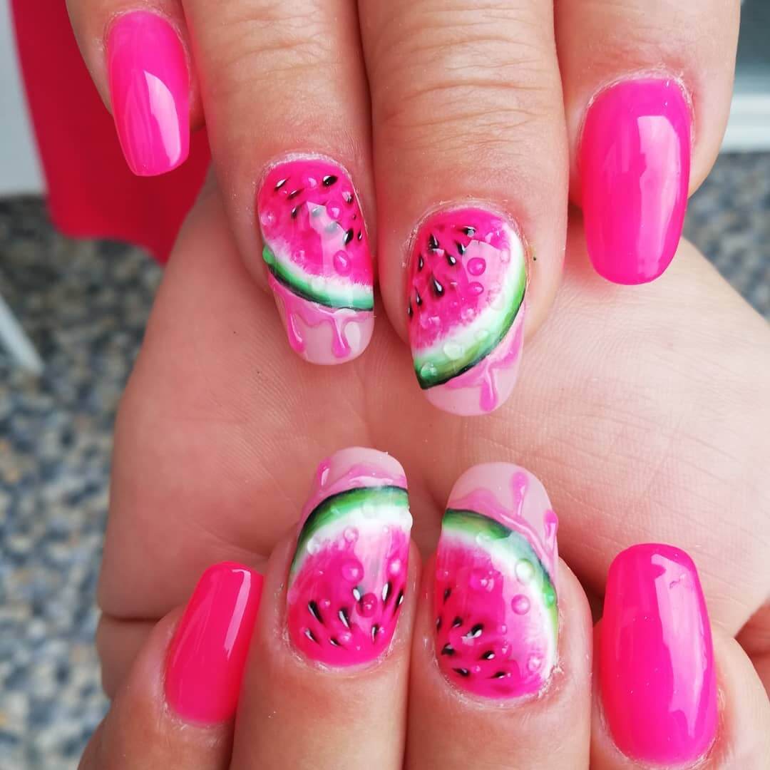 Watery Nude Pink Watermelon Nail Art Design