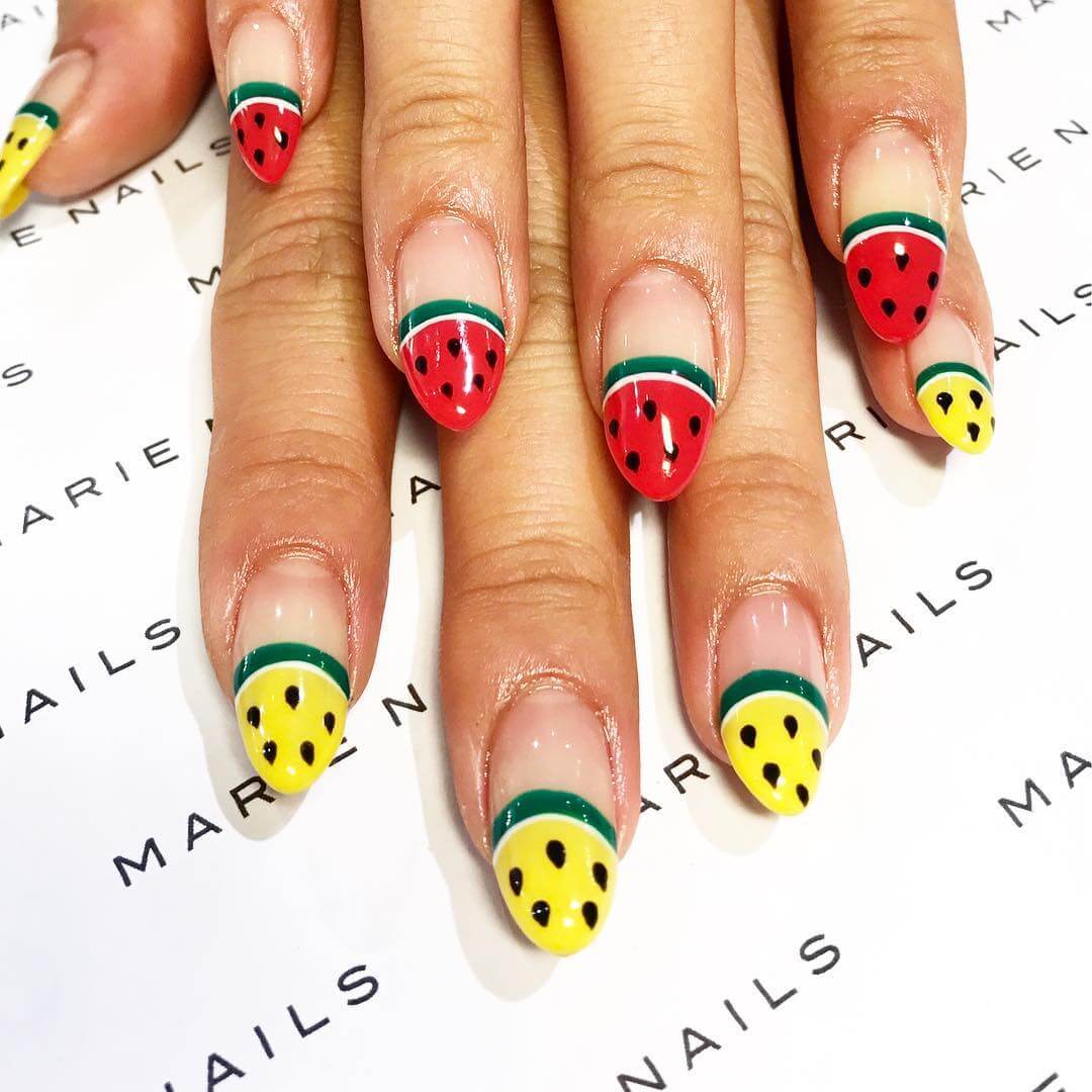 Tips Covered Red Yellow Watermelon Nail Art Design