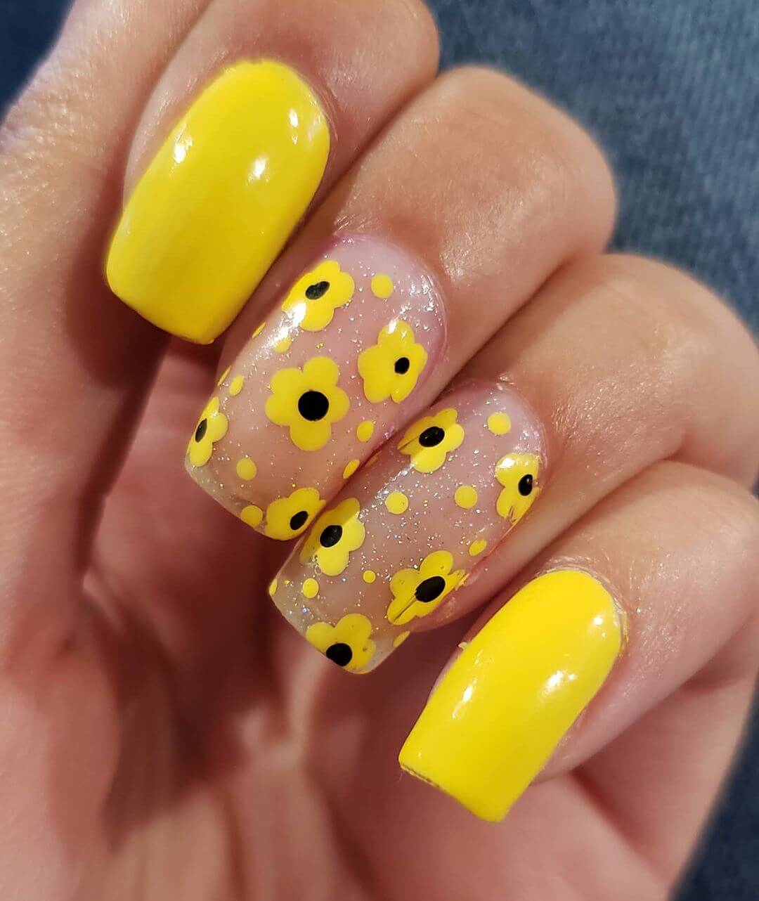 Glossy Flowers Yellow Nail Art Design