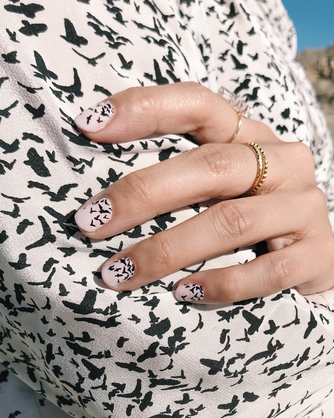 Flying birds shadow Black And White Nail Art Design