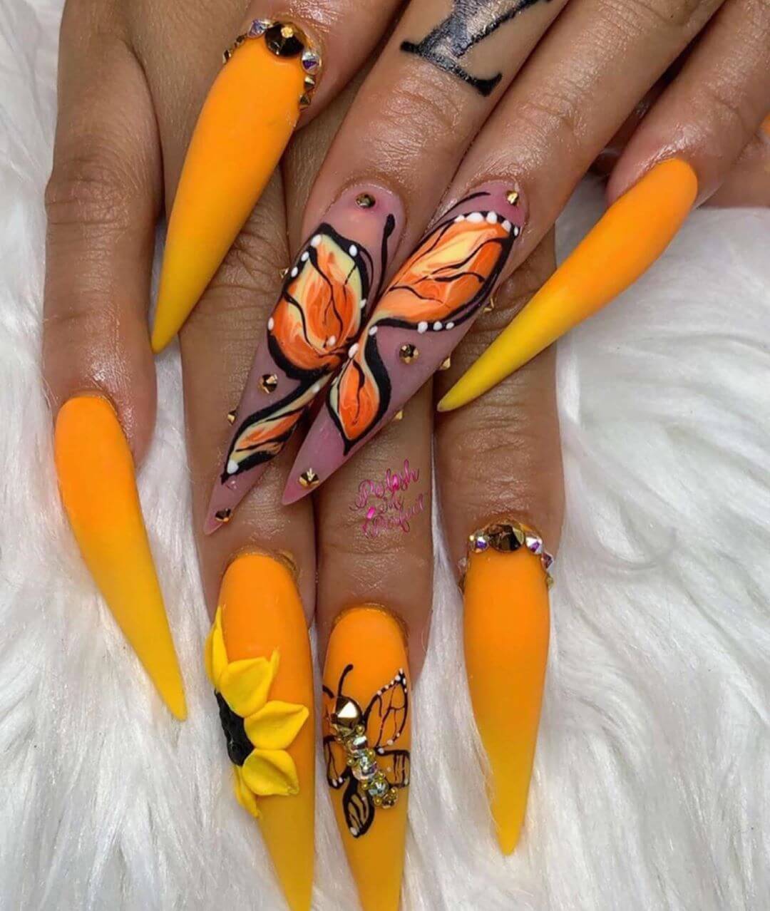 Bold And Bright Butterfly Nail Art For Long Nails