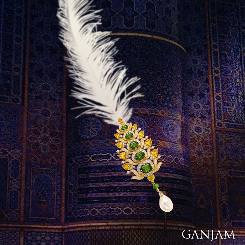  Green and yellow pleated Groom Kalgi Designs with white feather