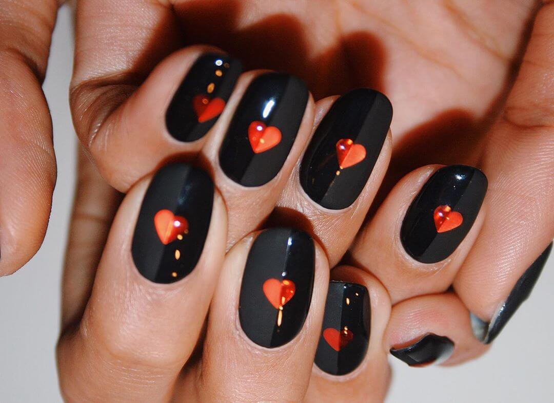 Shiny Hearts Red and Black Nail Art Designs 