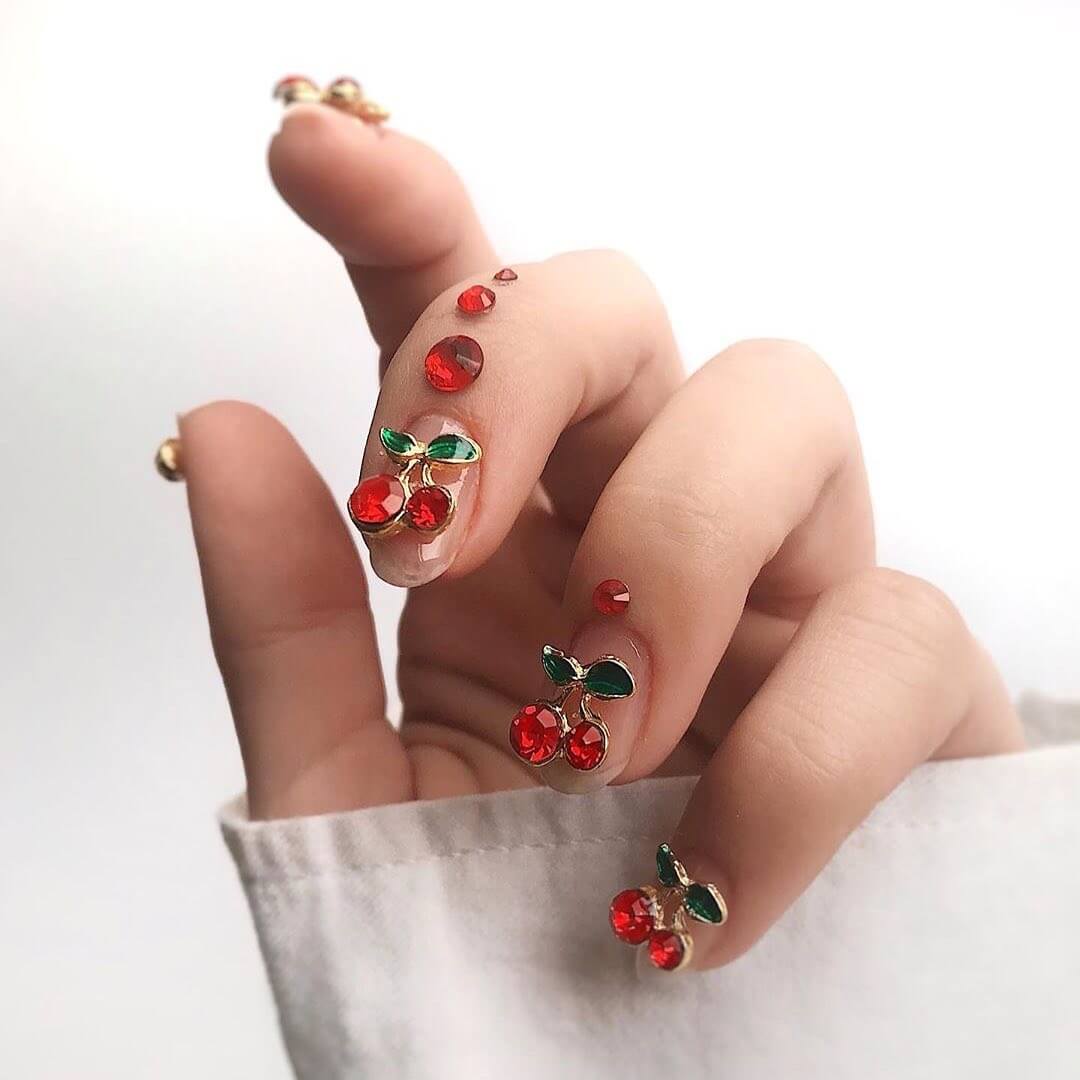 Cute Cherries Rhinestone Nail Art Design