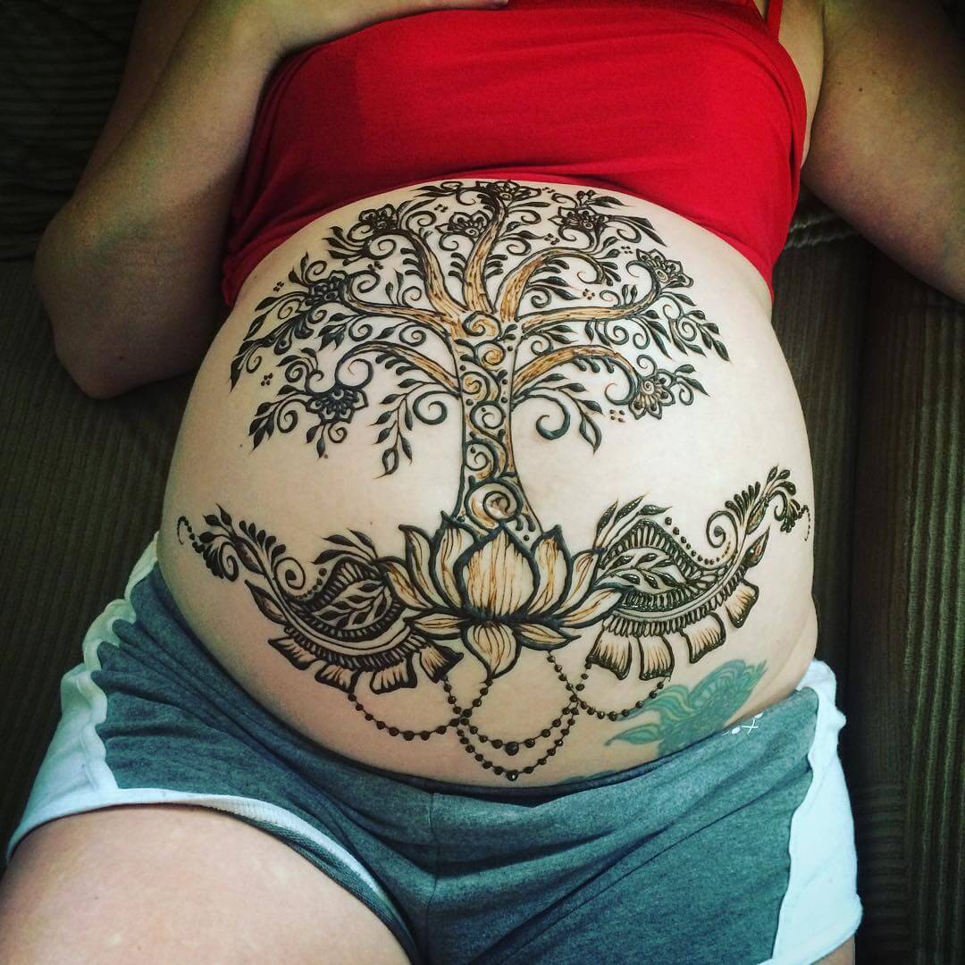 Spiritual Tree and Lotus Amazing Pregnant Belly Henna Designs