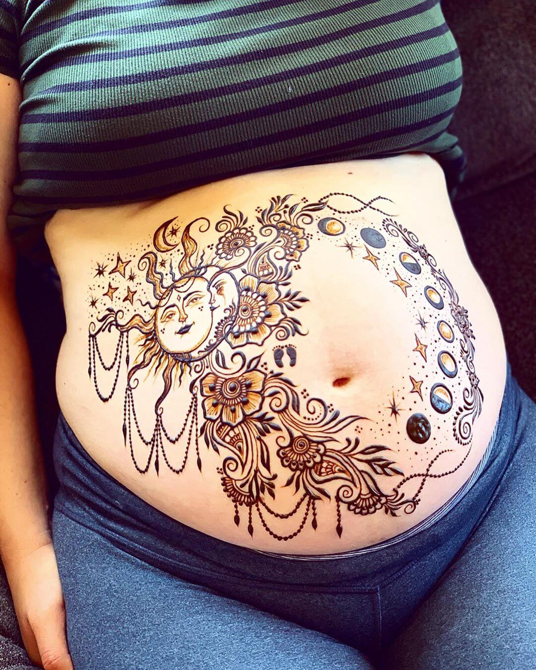 Ecstatic moon, sun, stars Amazing Pregnant Belly Henna Designs