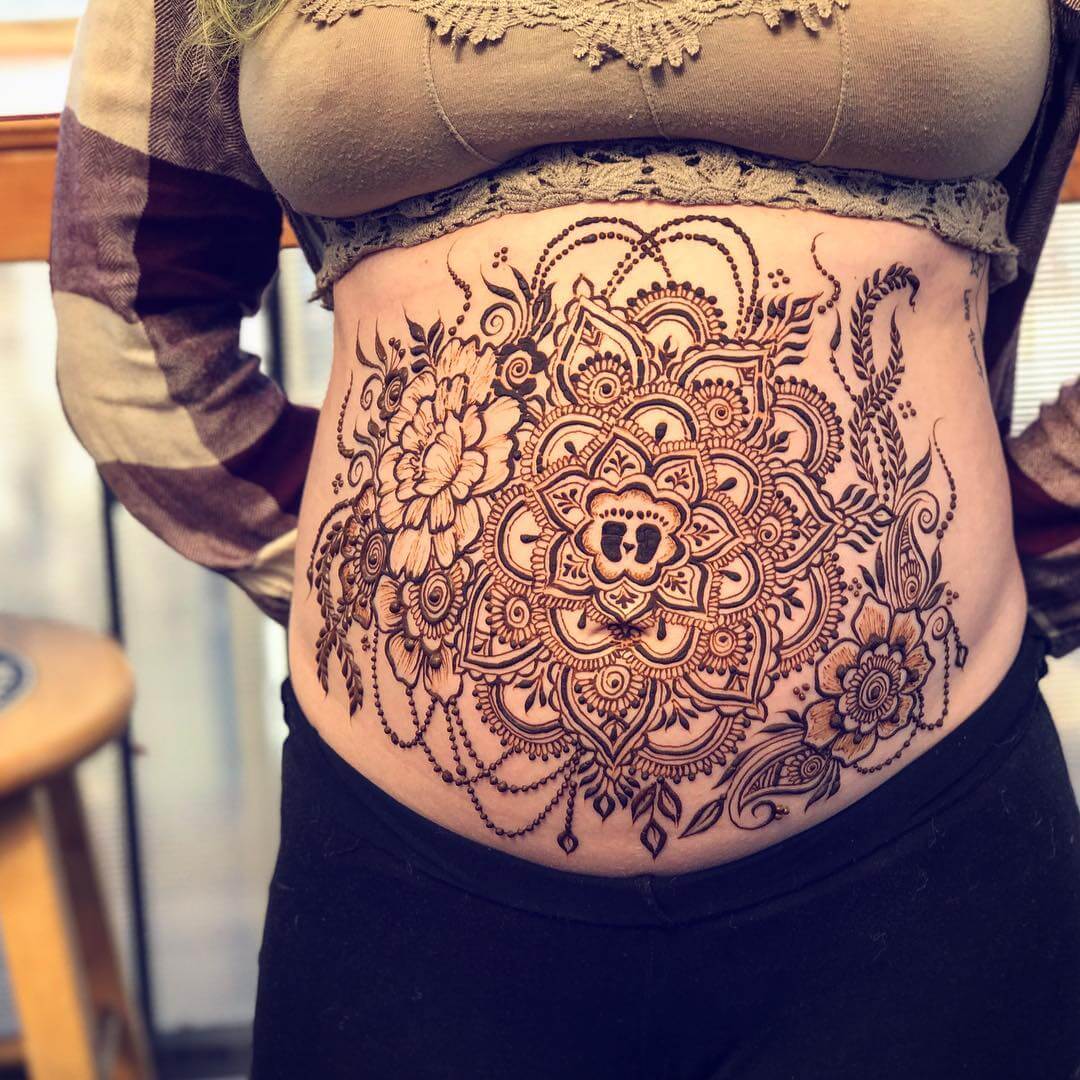 Baby Footprints inside the Flower Amazing Pregnant Belly Henna Designs
