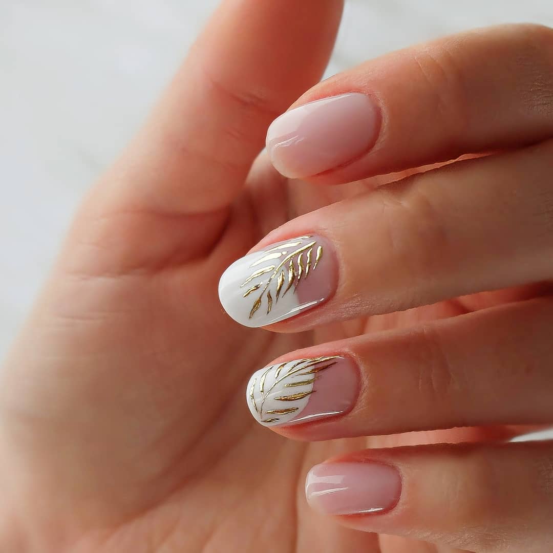 White Palms with Golden leaves White Nail Art Designs