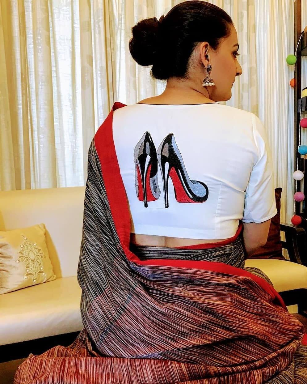 Cotton Sari Blouse With Heals Print Blouse Back Neck Designs 