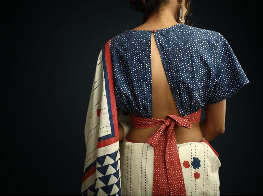 Cotton Sari Blouse With Sexy Slice Cut Back Neck Design 