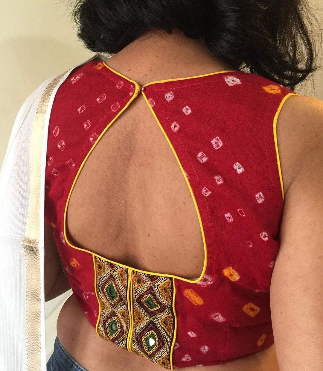Cotton Sari Blouse With Triangular Cut Blouse Back Neck Designs 