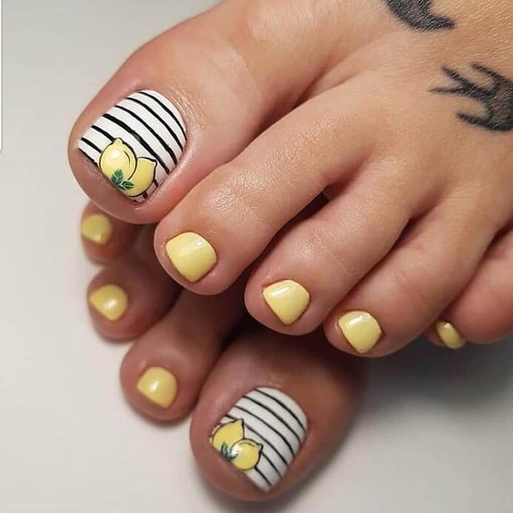 Stripes and lemons Toe Nail Art Designs