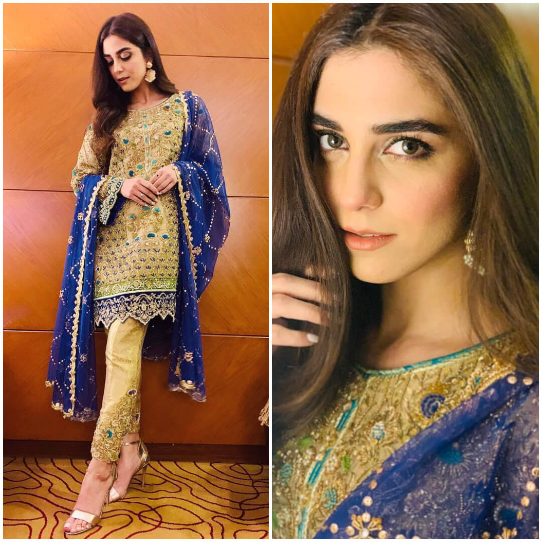 Graceful golden Kurta with azure Dupatta of Maya Ali 