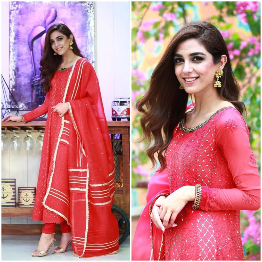 Maya ali Pretty Pretty Pink suit paired with a symmetrical lined dupatta.