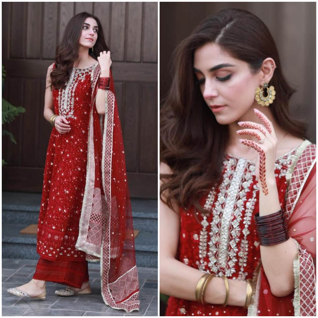  Maya Ali shines in a heavy embroidered red suit covered with lush.