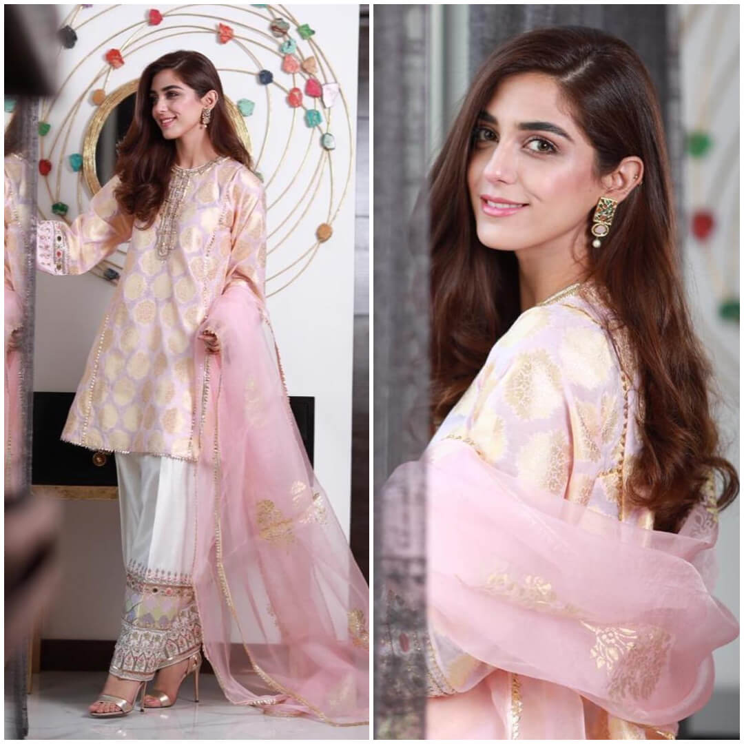 maya ali pink short kurti with an embroidered plazzo and heavy dupatta.