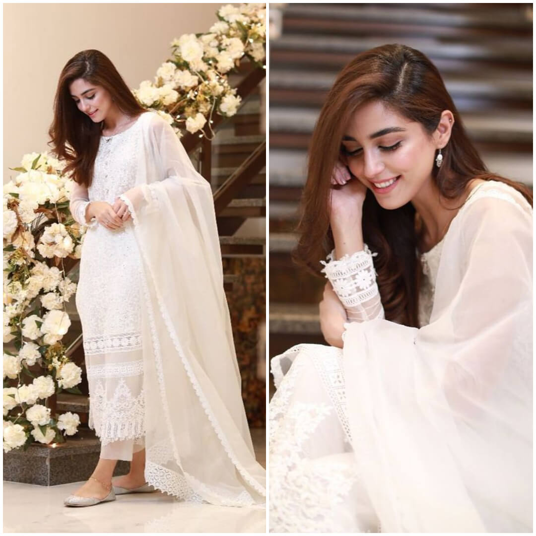 Maya Ali sparkles in white with beautiful shiny silver earrings.