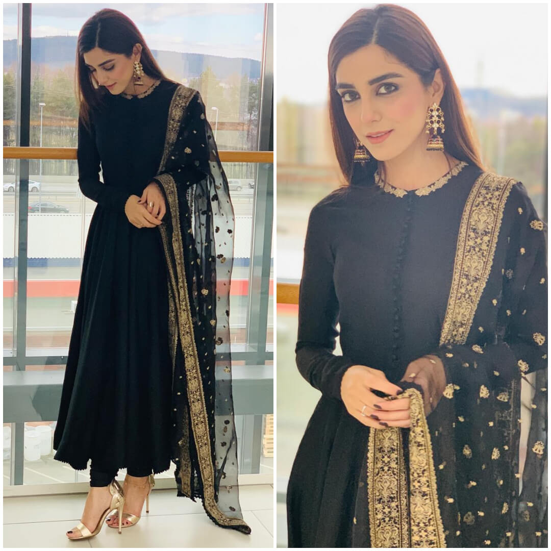 Maya ali black closed neck buttoned down kurti paired gracefully with a beautiful dupatta