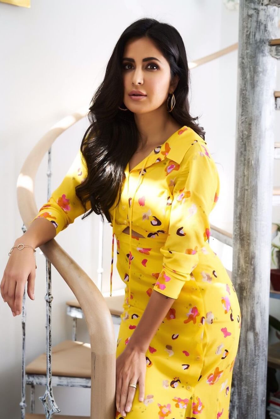 Katrina Kaif Beautiful Yellow Floral Print Designer Dress