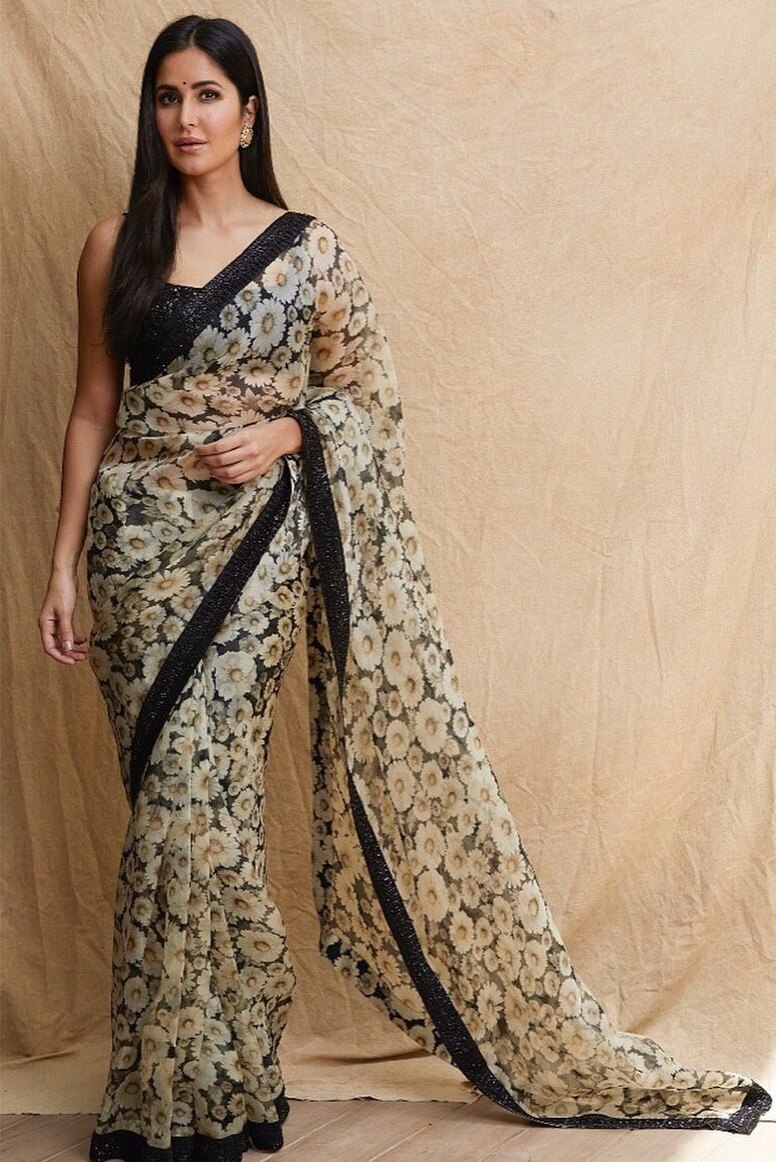 Katrina Kaif Beautiful Black Floral Print Designer Saree