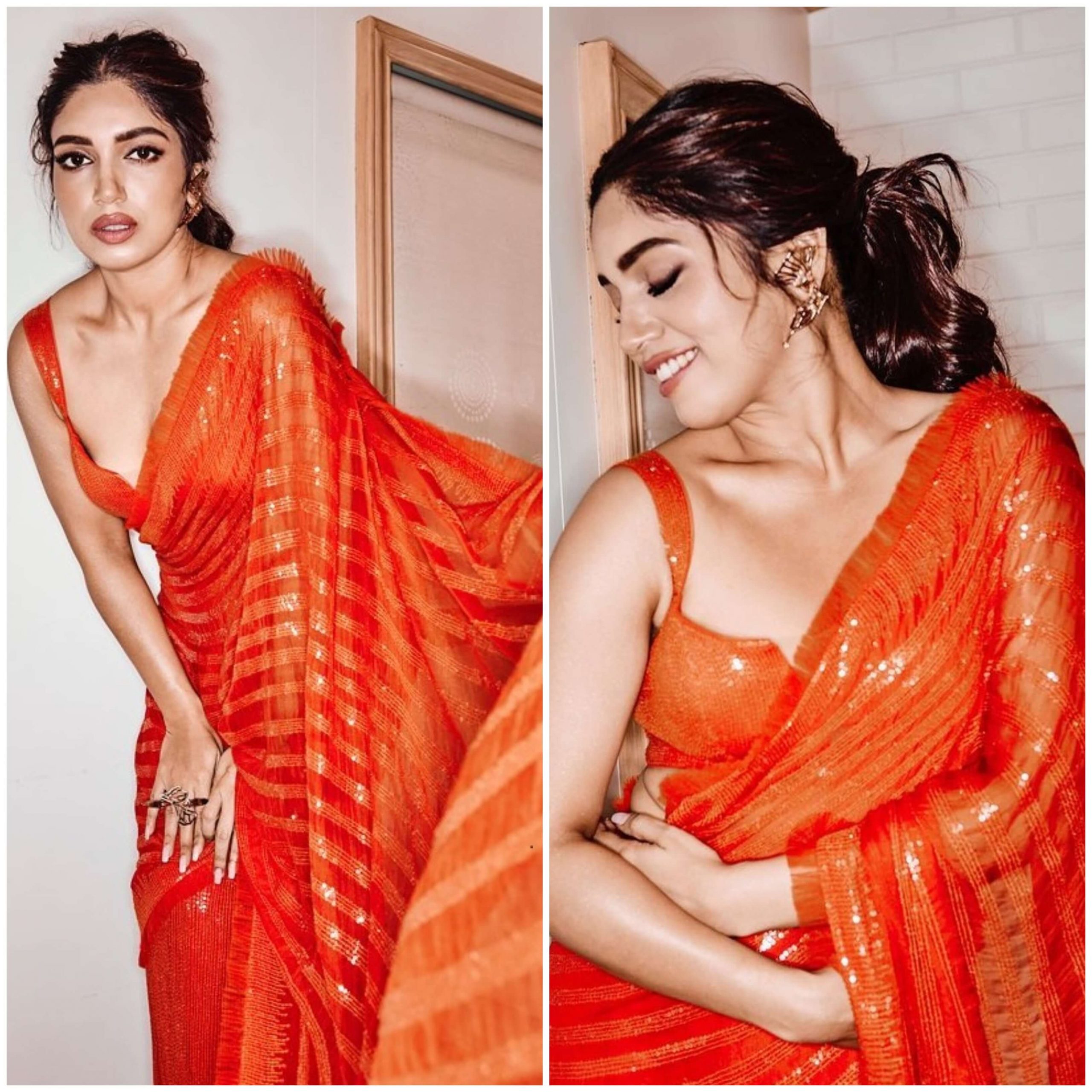 SIZZLING ORANGE SAREE WITH DEEP V-NECK Outfits for Wedding Season