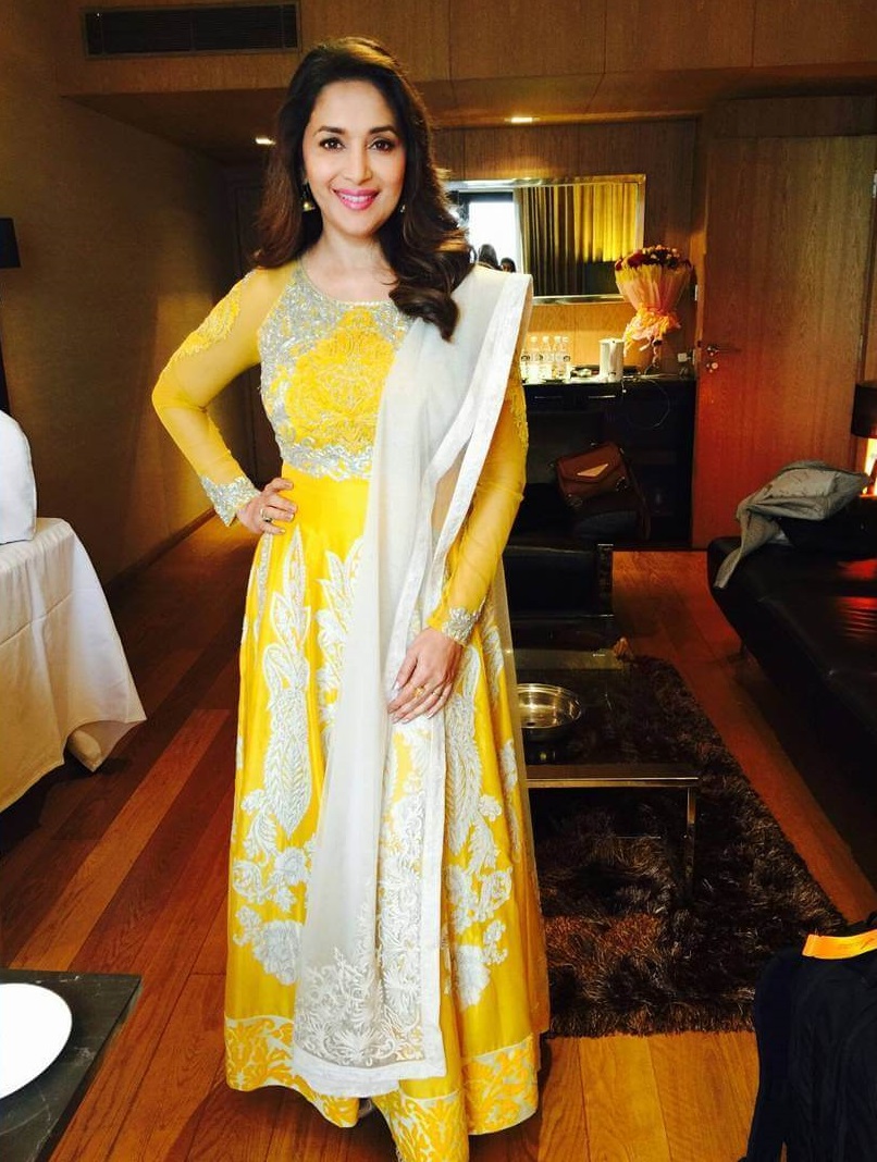 Madhuri Dixit Yellow White tulip Traditional Outfits for Indian Festivals