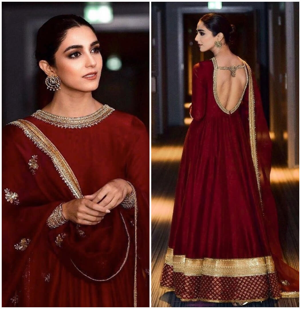 Maya ali in Red And Gold Anarkali Suit.