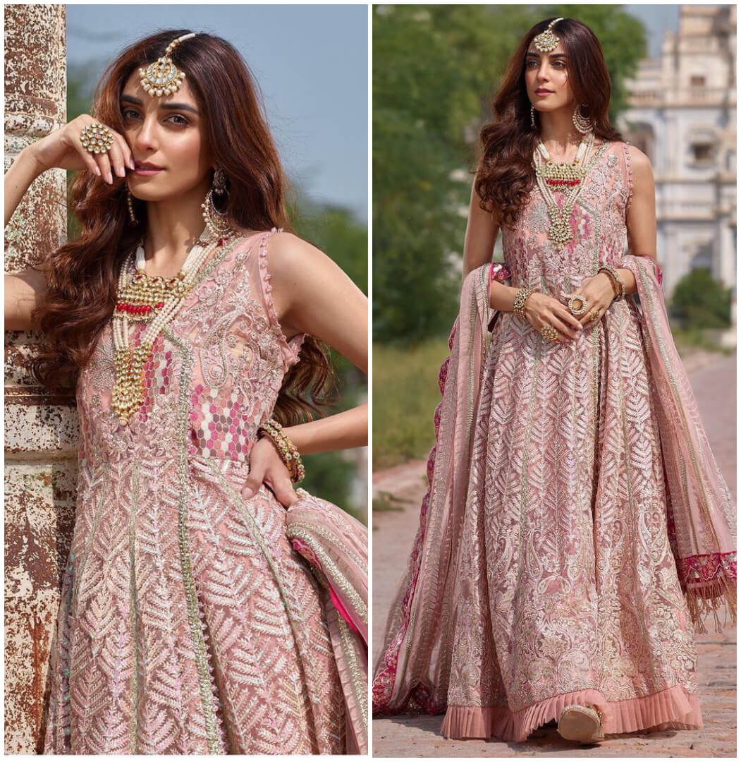 Maya ali in Sequinned sleeveless Anarkali Dress.