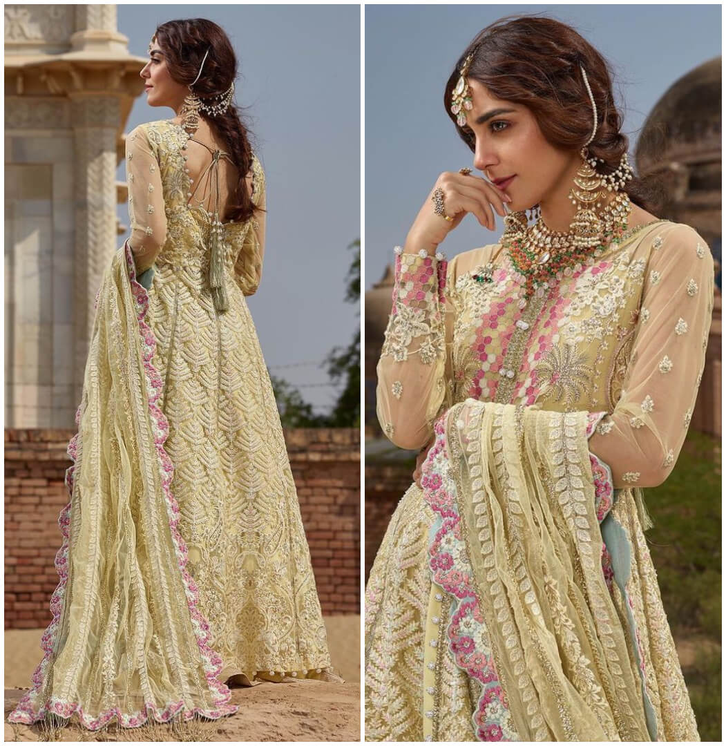 Maya ali in Pastel Green Anarkali Suit with a pastel green dupatta which is embroidered with pink and white flowers on the sides