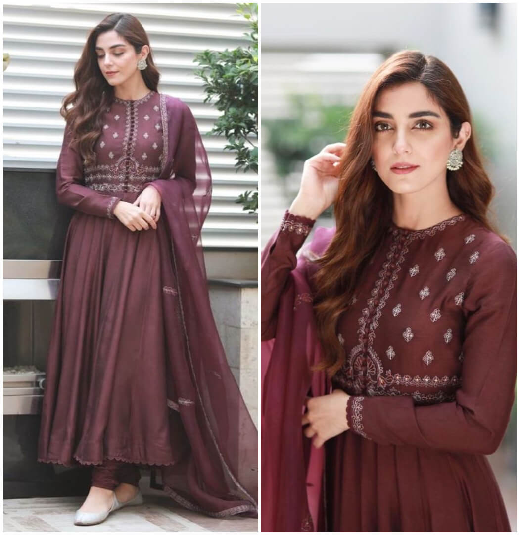 Maya ali in Wine Color full sleeve silk anarkali dress