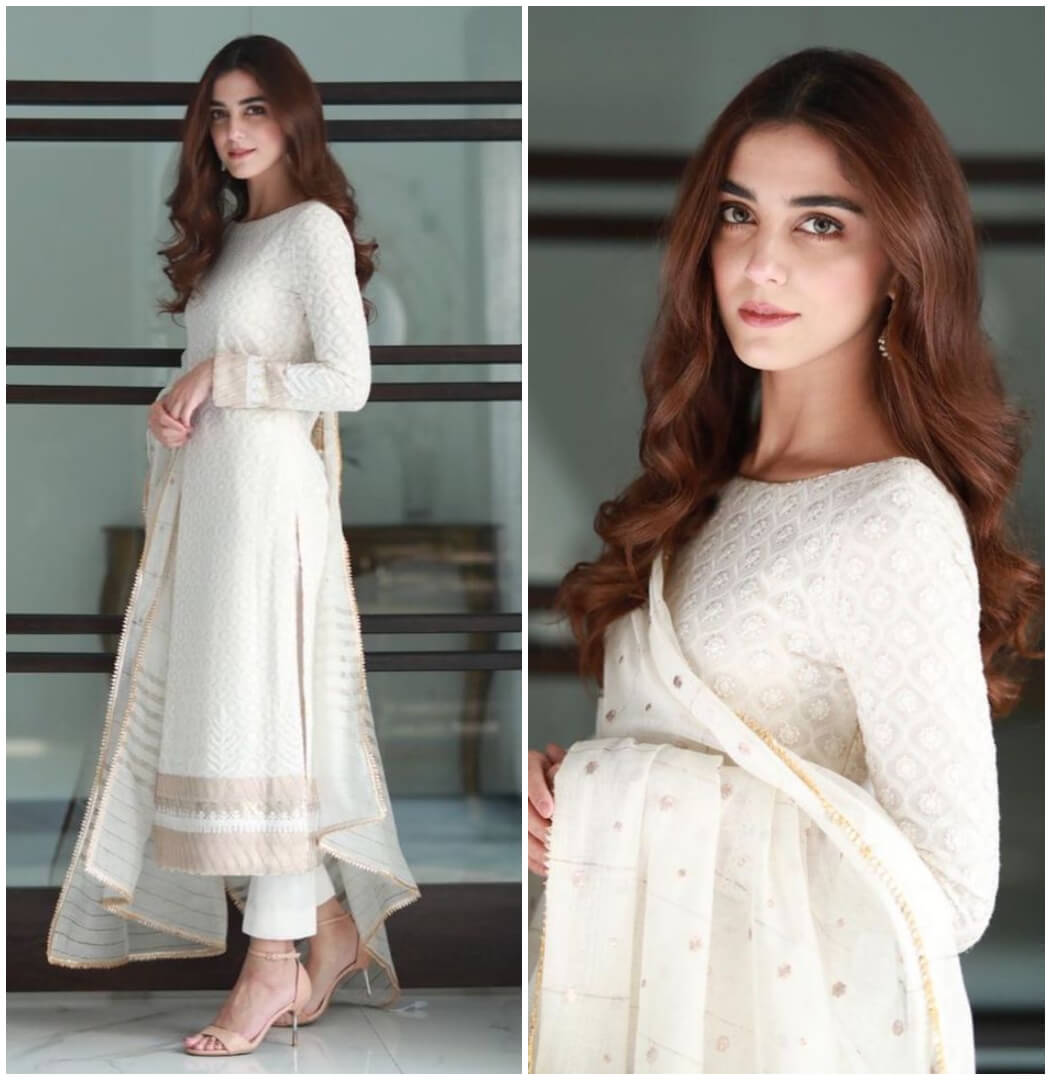 Maya ali in Classic White And Gold Straight full sleeve Suits.