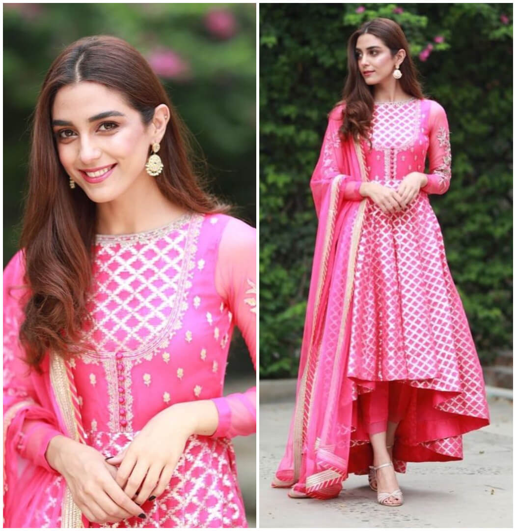 Maya ali in Tail Cut Straight pink and gold color Suit with boat neck.