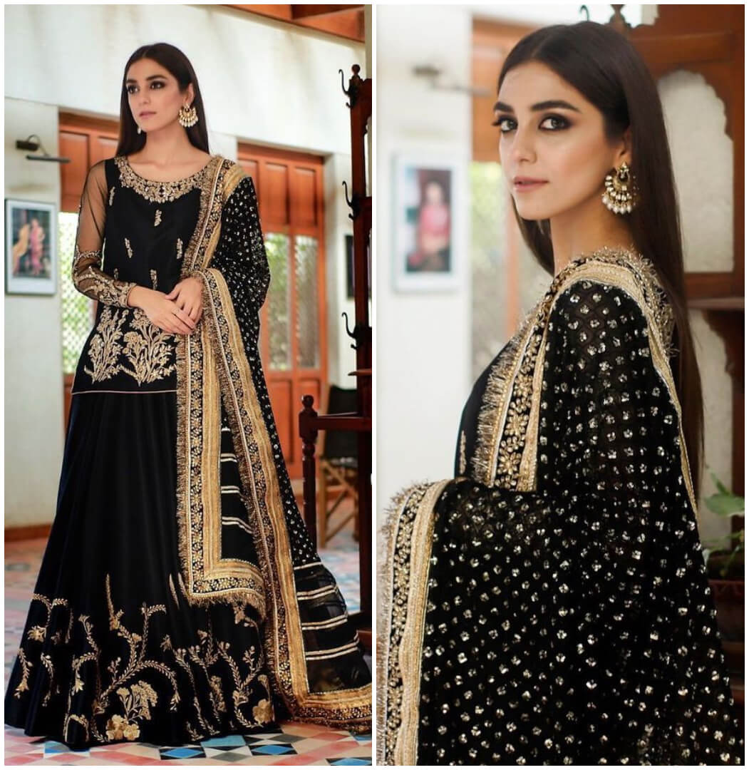 Maya ali in Elegant Black And Gold Lehenga.